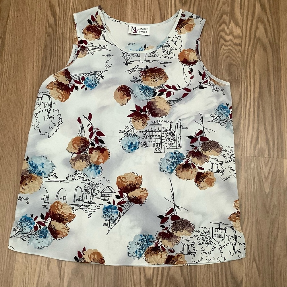 Maggie Sweet Woman Size S Light Blue Floral Sleeveless Tank Top Vintage USA Made